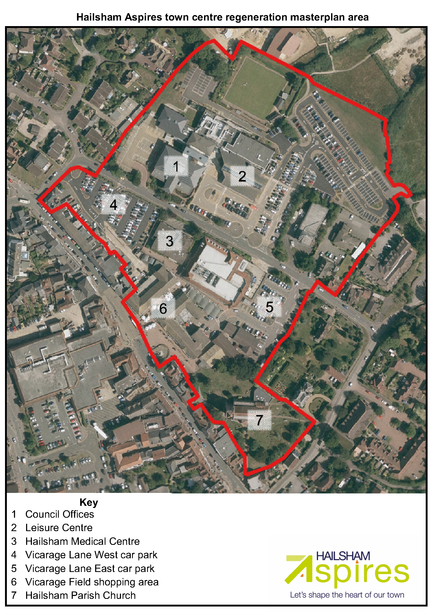 Ariel view of Hailsham Aspires town centre regeneration masterplan area
